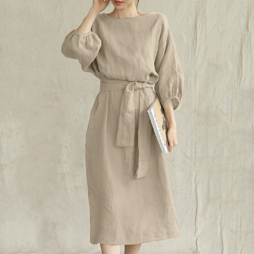 Women's Vintage Cotton Linen Dress - Long Sleeve, High-Waisted, Tie Waist, Elegant Round Neck Vestidos